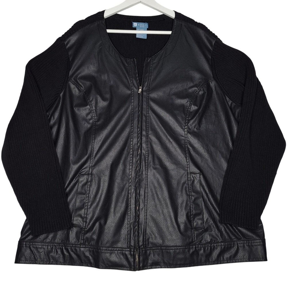 Koret Faux Leather Cardigan Jacket Sweater Woman 2X Black Zip Front Vintage Knit